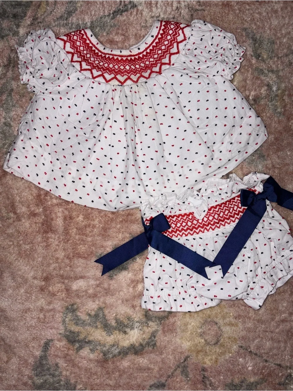 White & Red Smocked Baby Top and Bloomer Set with Navy Bows